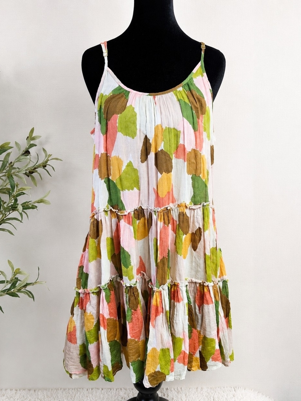 THML Tiered Mini Dress Small Abstract Print Boho Cotton Soft Gauze